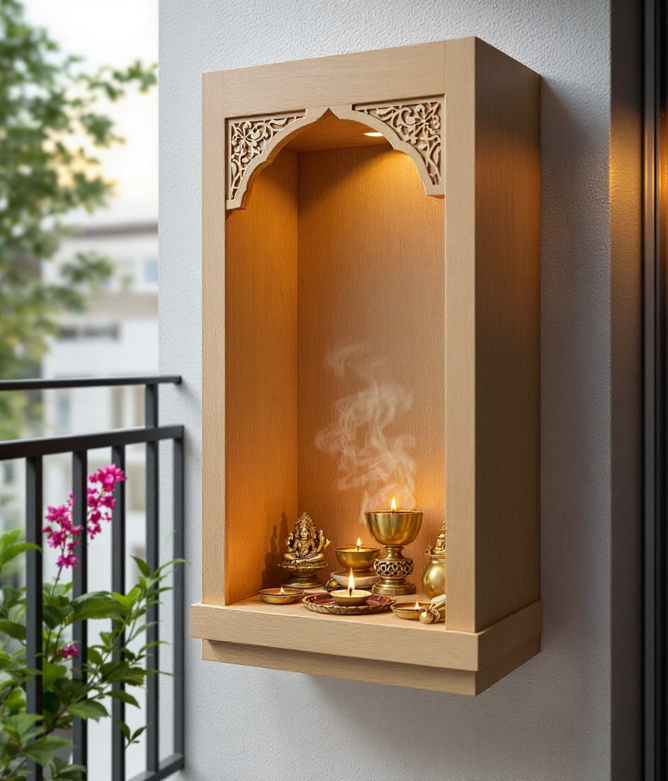 Balcony Utility Corner Shrine — Warm Oak
