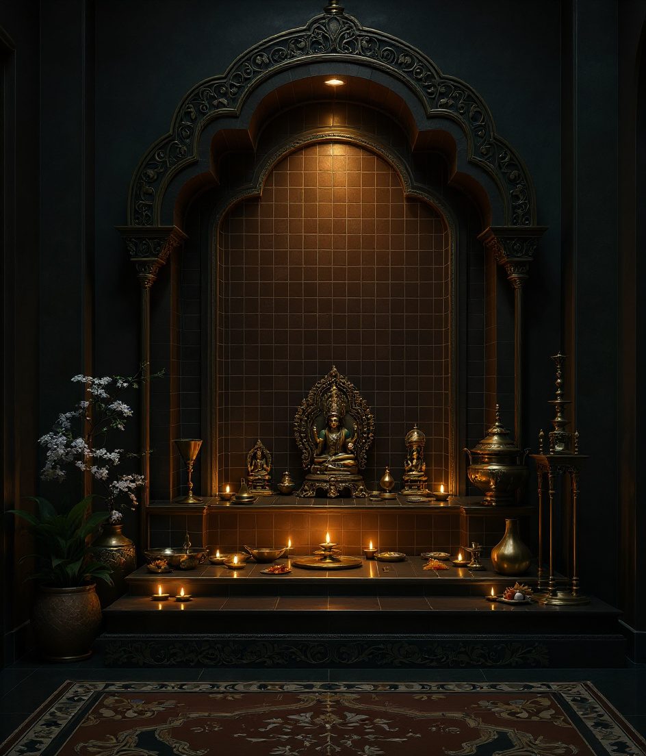 Bengali Thakur Ghar Room — Charcoal Minimal