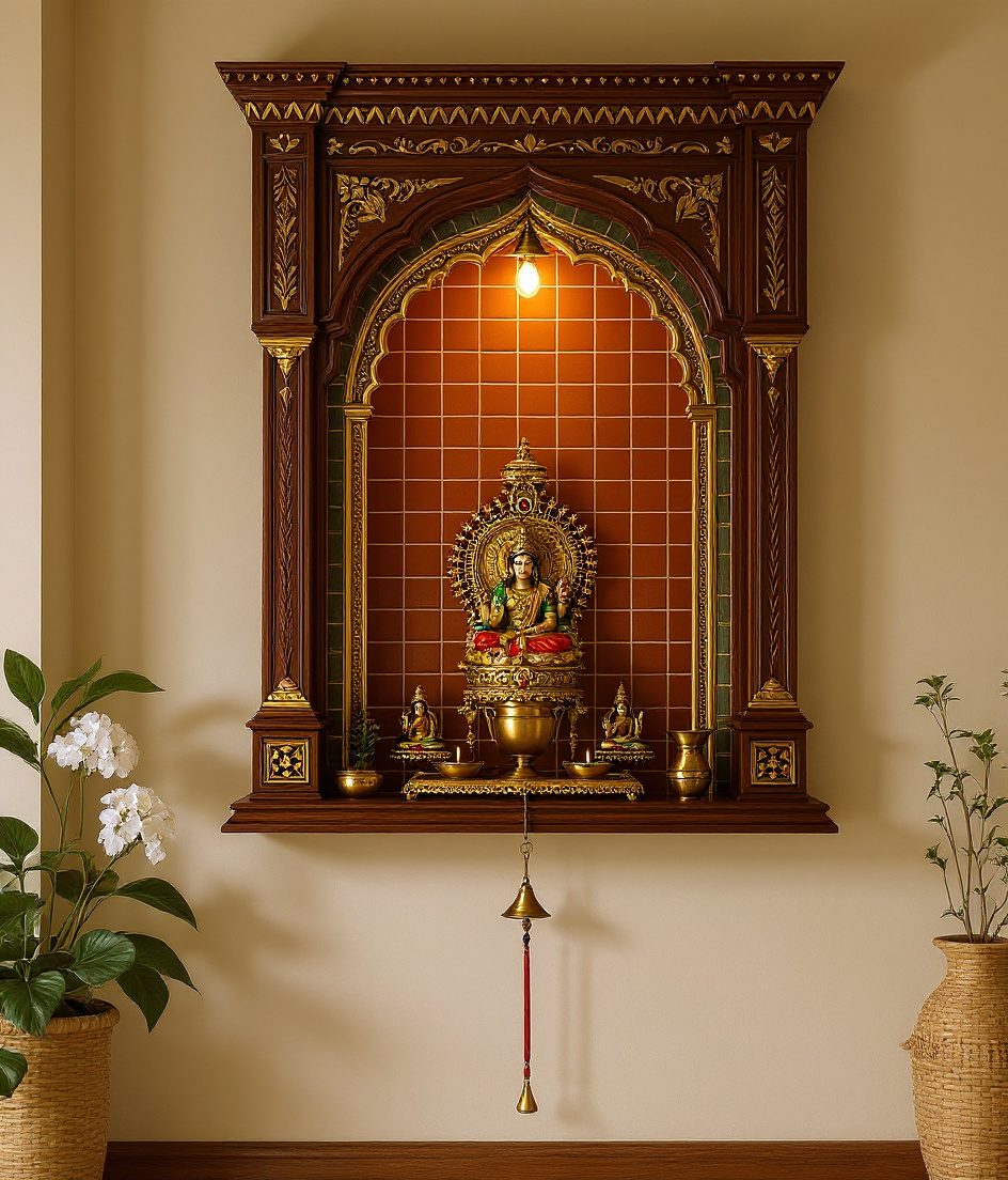 Bengali Thakur Ghar Wall Unit — Walnut Classic