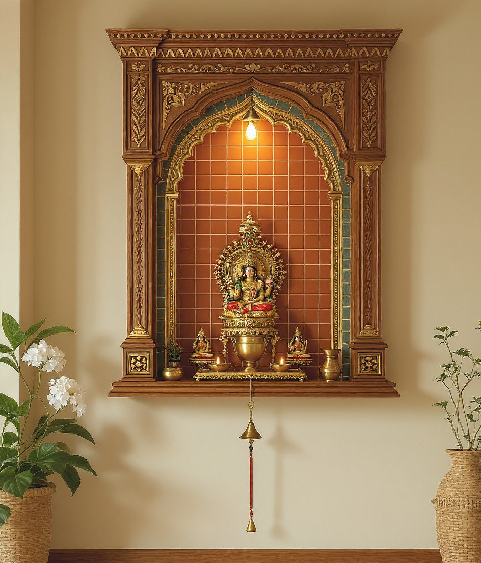 Bengali Thakur Ghar Wall Unit — Warm Oak