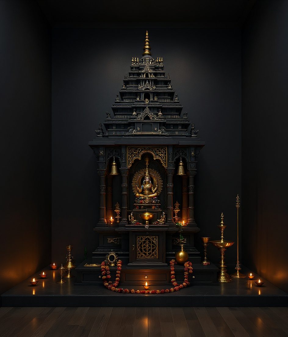 Carved Teak Temple Cabinet — Charcoal Minimal