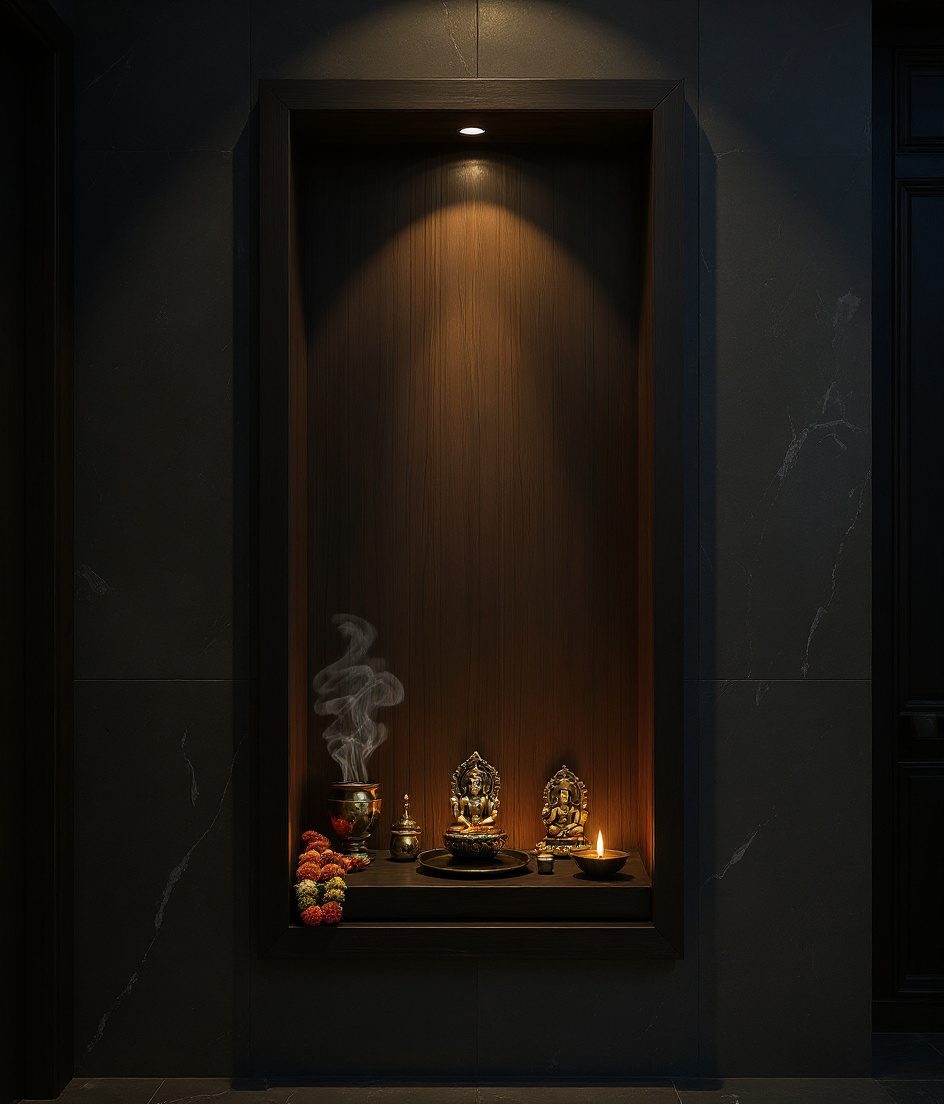 Carved Wall Niche Mandir — Charcoal Minimal