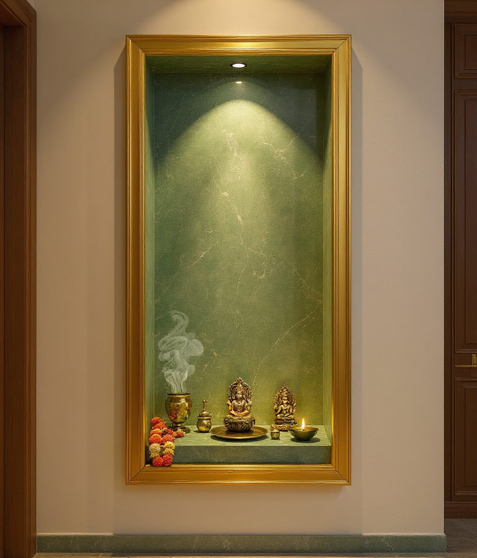 Carved Wall Niche Mandir — Sage & Brass