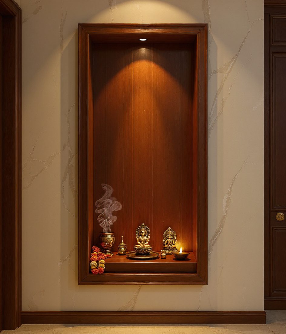 Carved Wall Niche Mandir — Walnut Classic