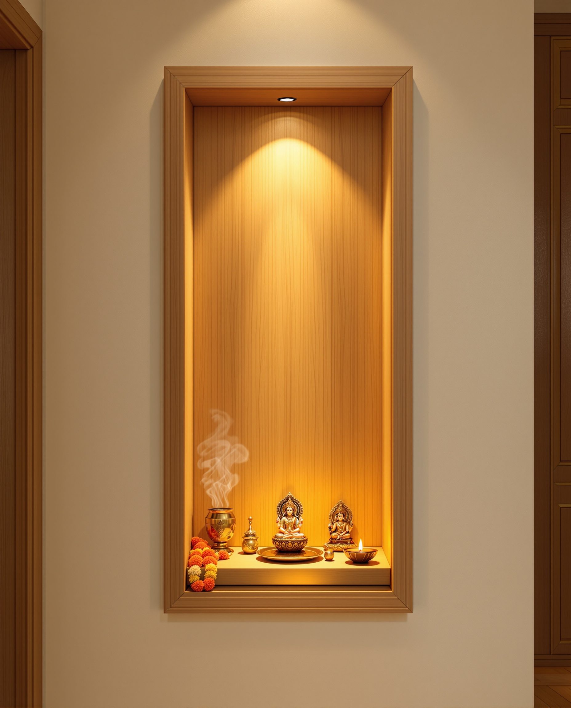 Carved Wall Niche Mandir — Warm Oak