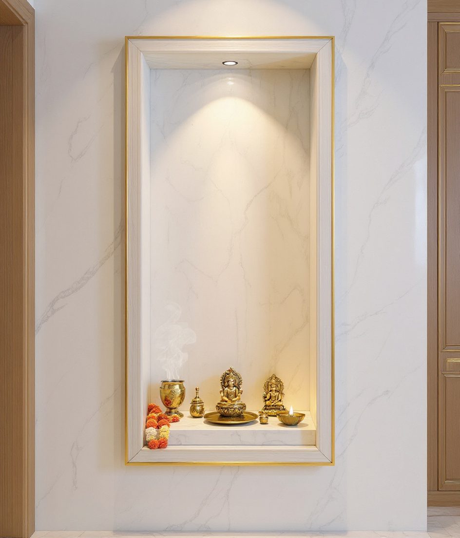 Carved Wall Niche Mandir — White Modern