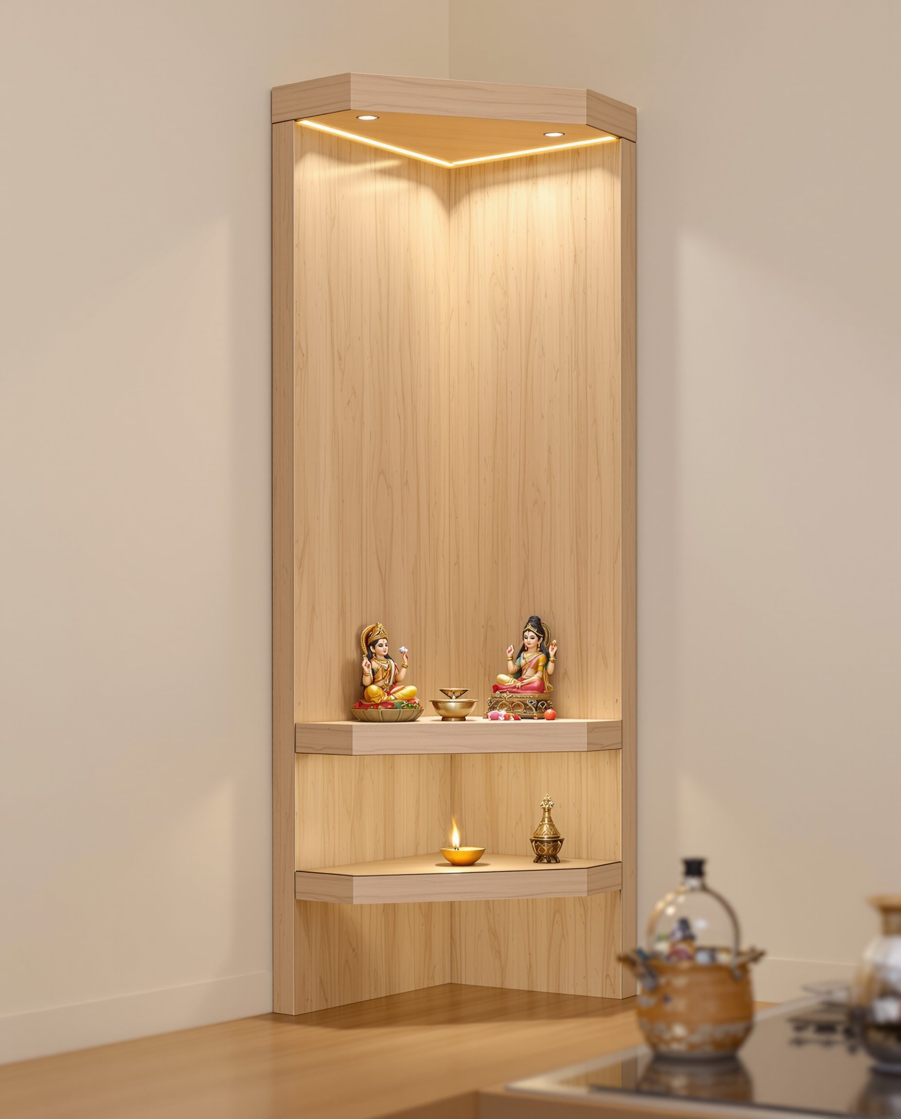 Compact Kitchen Corner Mandir — Warm Oak