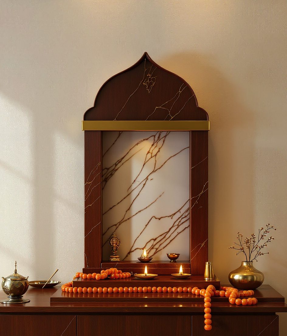 Compact Marble Niche Mandir — Walnut Classic