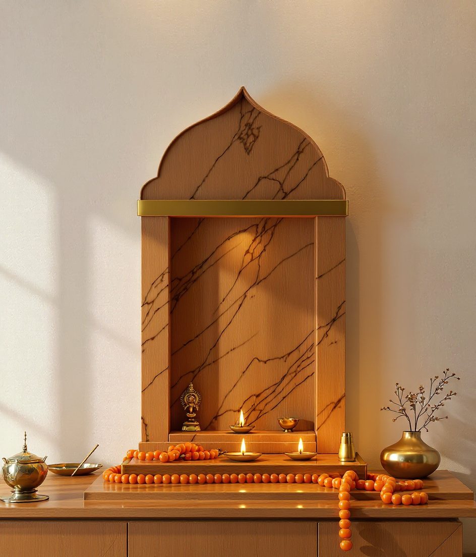 Compact Marble Niche Mandir — Warm Oak