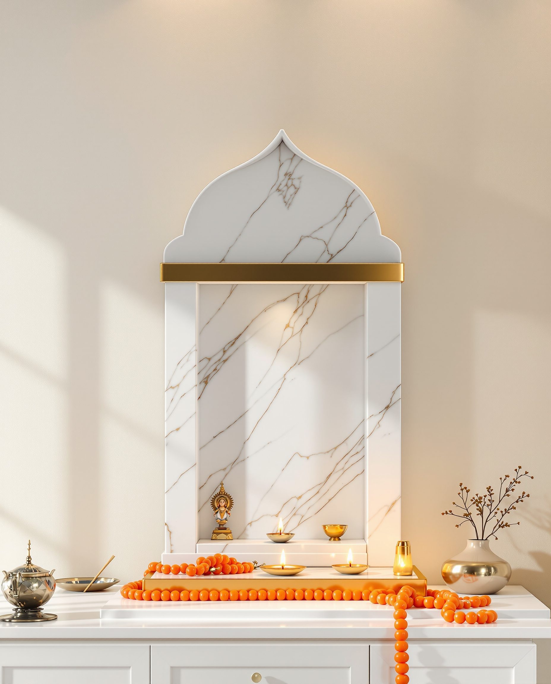 Compact Marble Niche Mandir — White Modern