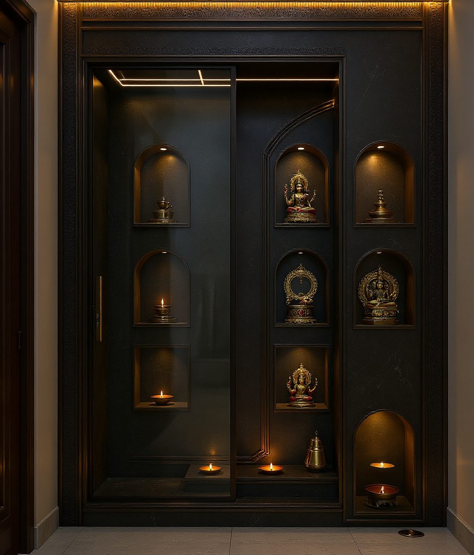 Compact Pooja Room Niche Wall — Charcoal Minimal