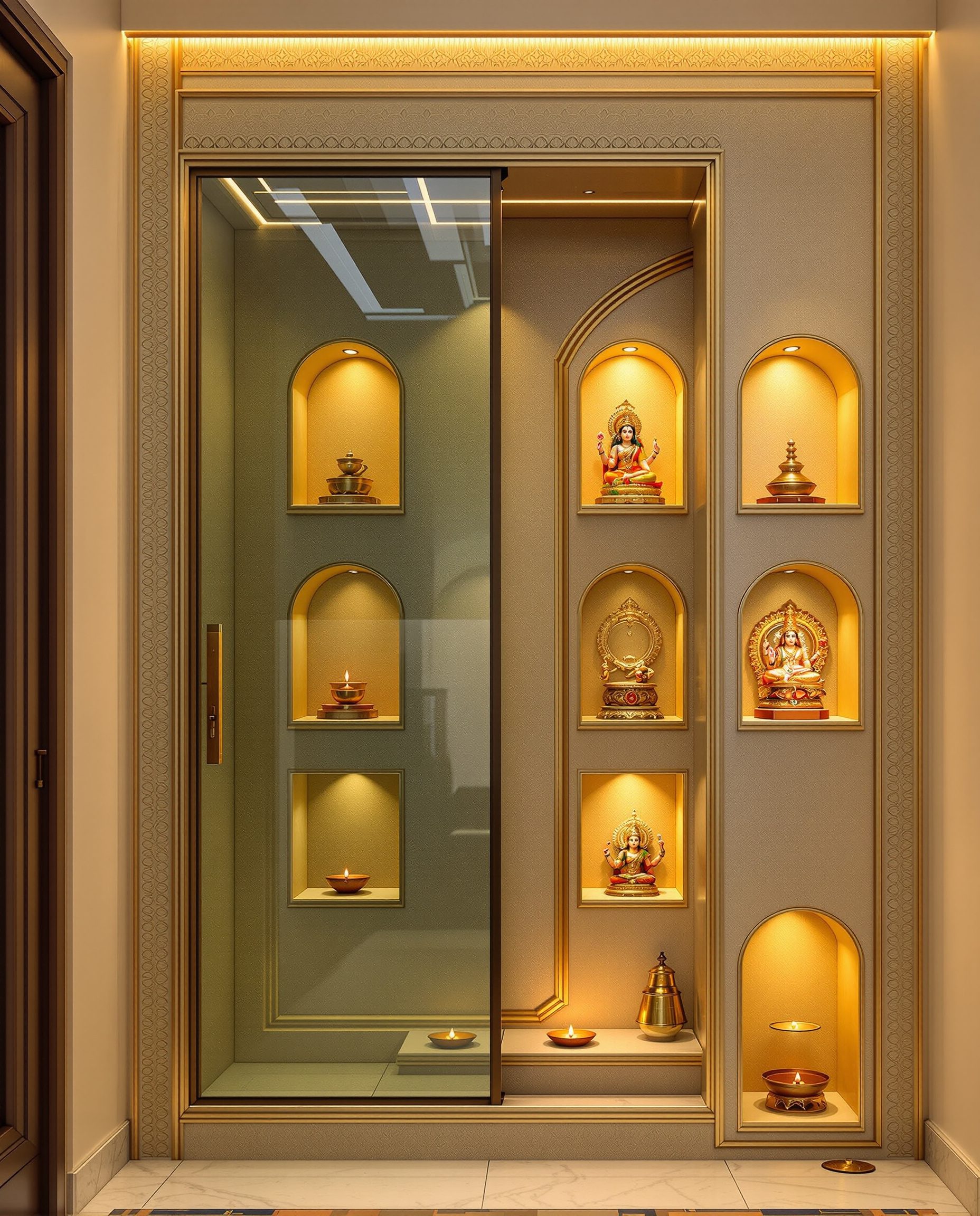 Compact Pooja Room Niche Wall — Sage & Brass