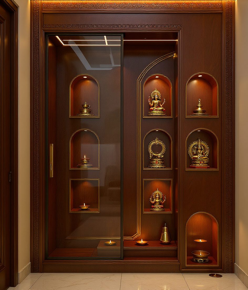Compact Pooja Room Niche Wall — Walnut Classic
