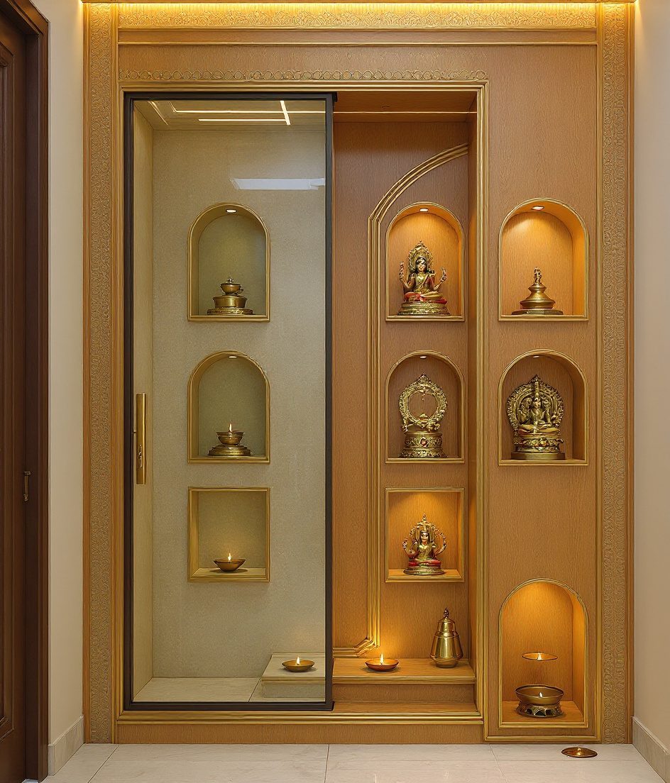 Compact Pooja Room Niche Wall — Warm Oak