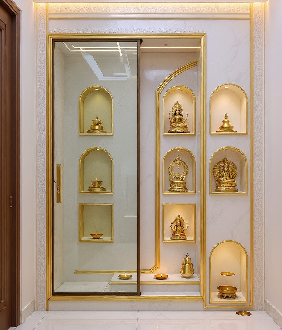 Compact Pooja Room Niche Wall — White Modern