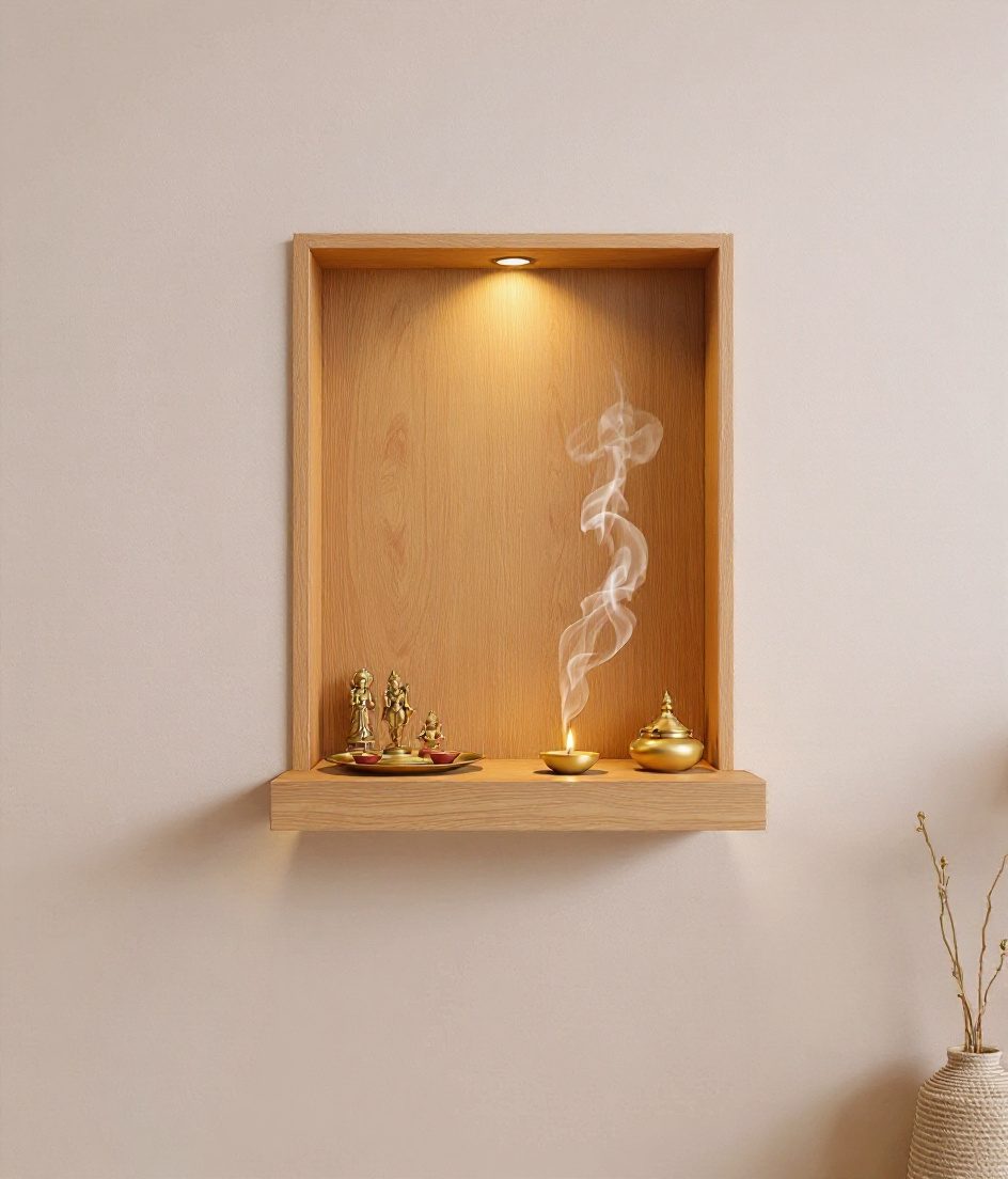 Floating Shelf Minimal Mandir — Warm Oak