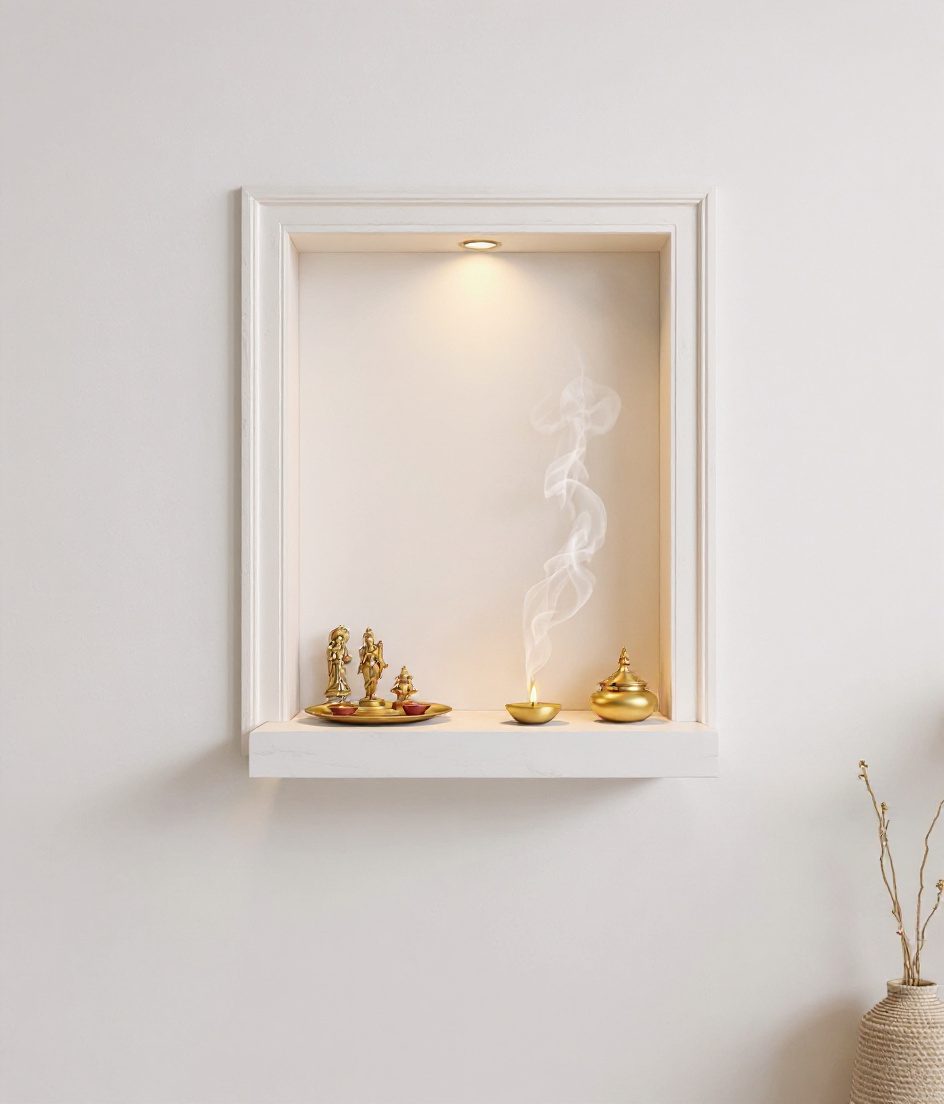 Floating Shelf Minimal Mandir — White Modern
