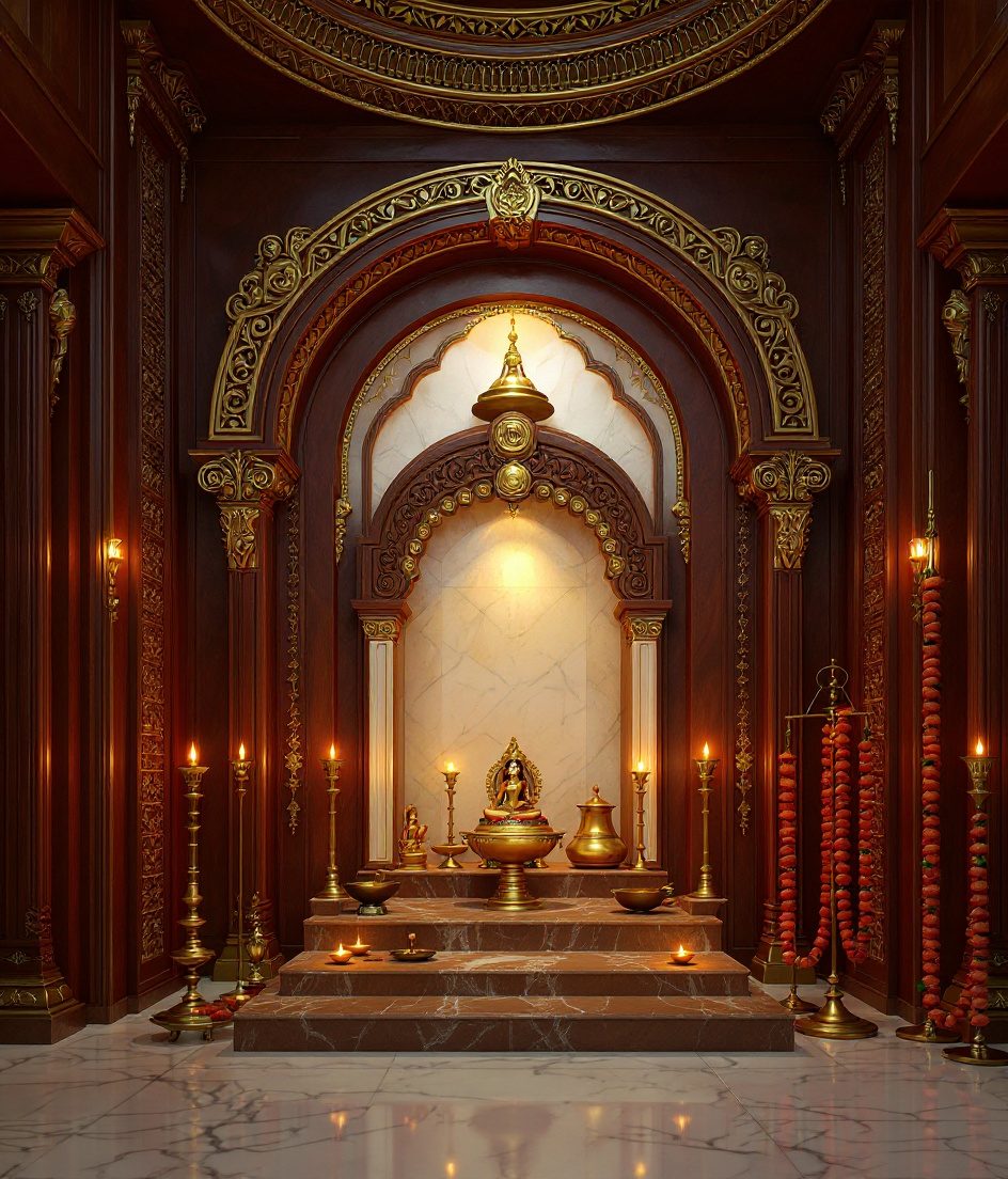 Gold-Leaf Marble Mandir Room — Walnut Classic