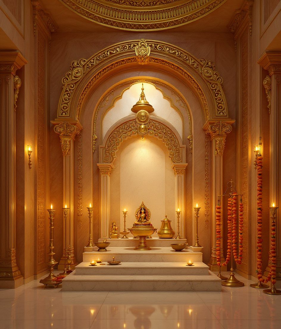 Gold-Leaf Marble Mandir Room — Warm Oak
