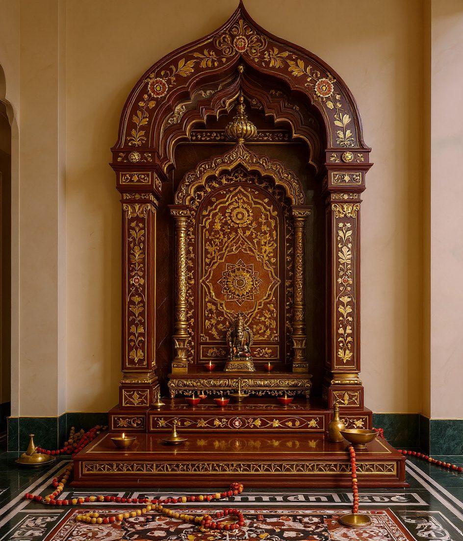 Green Marble Inlay Mandir — Walnut Classic