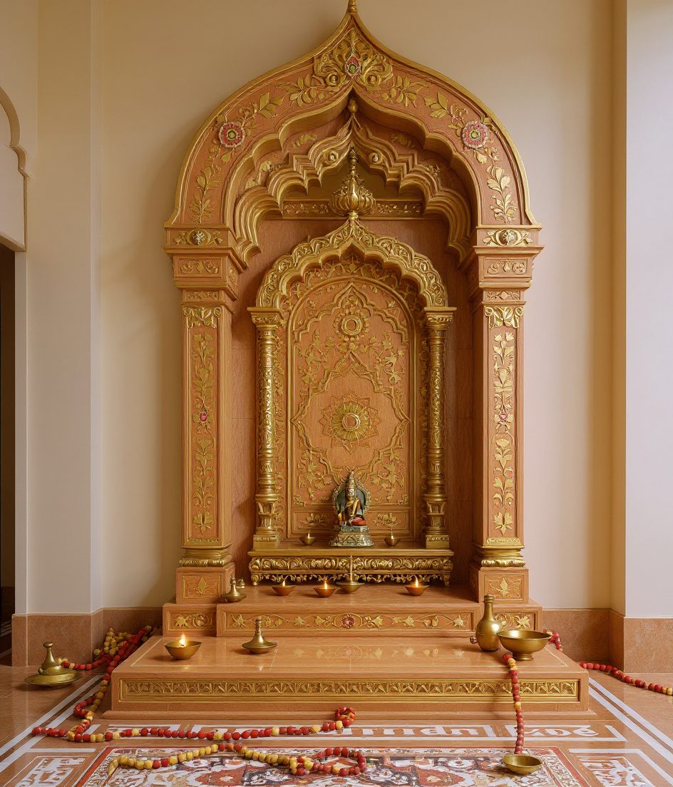 Green Marble Inlay Mandir — Warm Oak