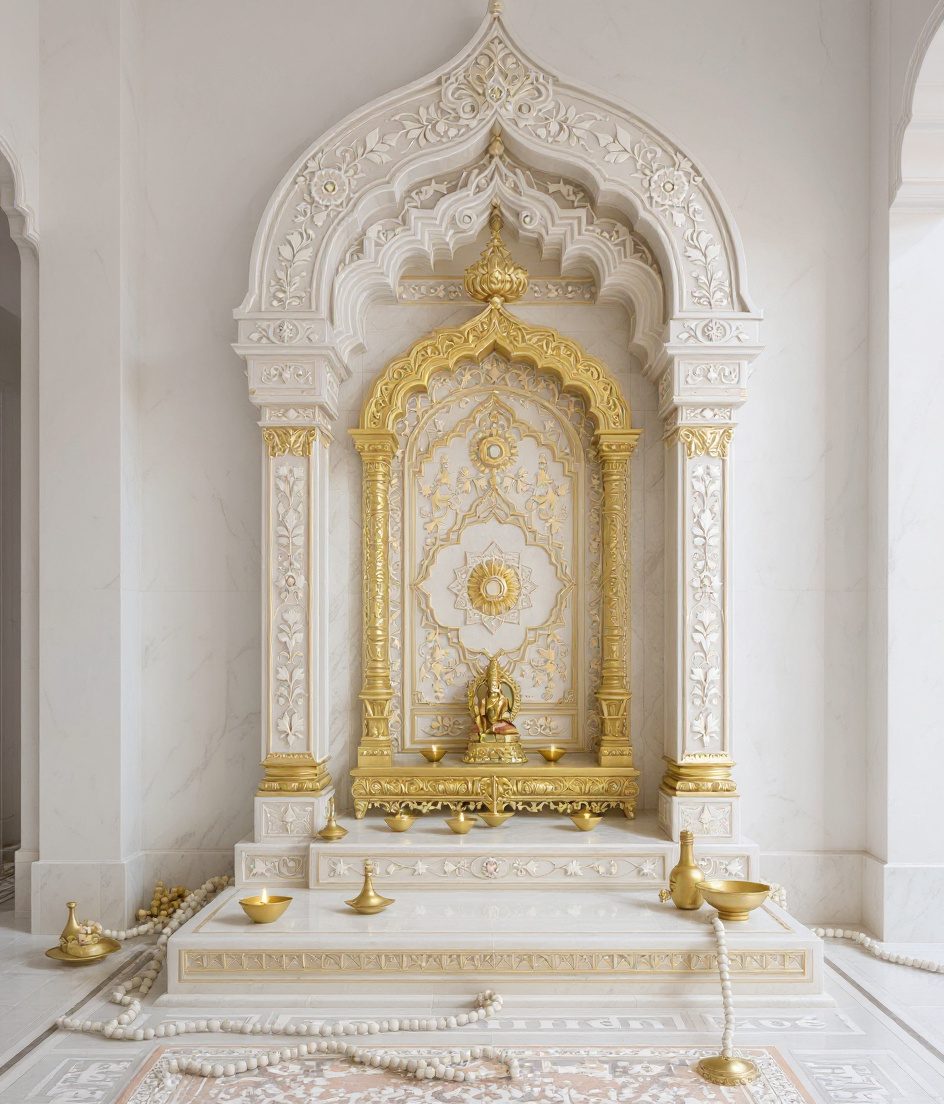 Green Marble Inlay Mandir — White Modern