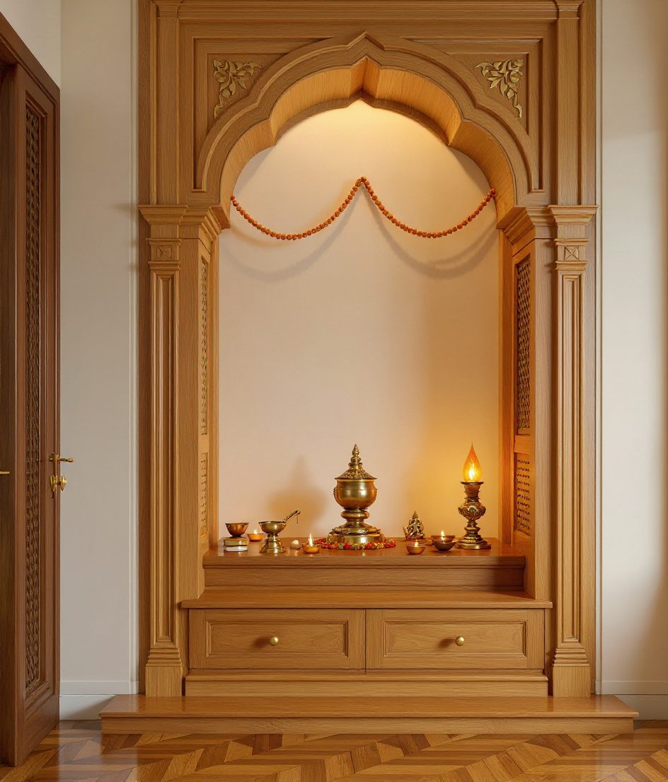 Indo-Colonial Luxury Shrine Alcove — Warm Oak