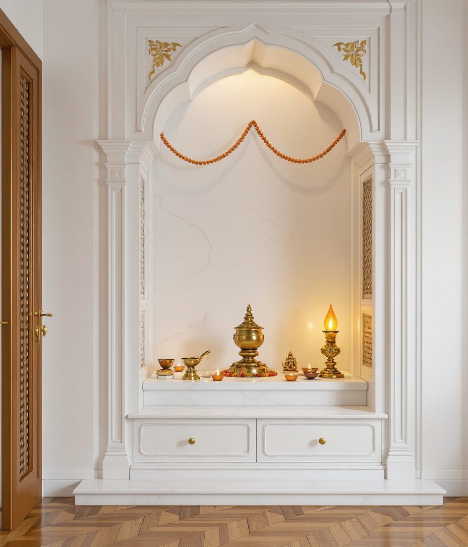 Indo-Colonial Luxury Shrine Alcove — White Modern