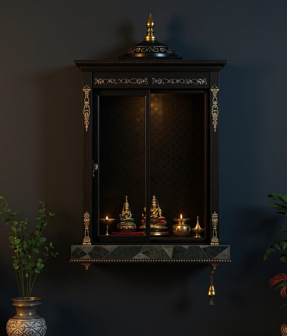 Jali-Screen Wall Pooja Unit — Charcoal Minimal