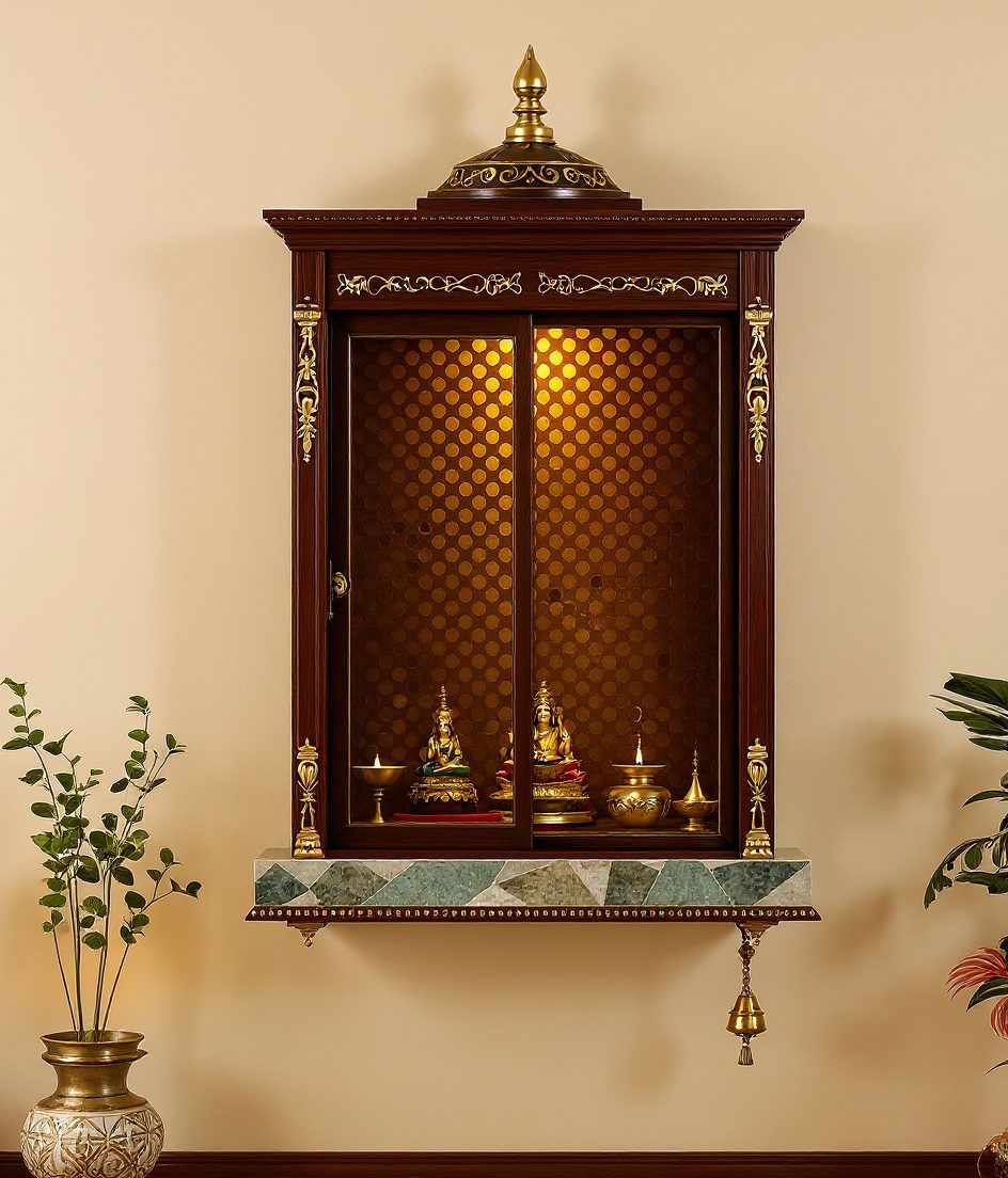 Jali-Screen Wall Pooja Unit — Walnut Classic