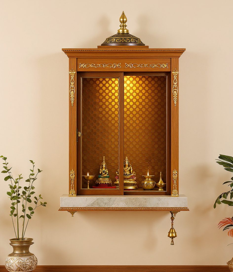 Jali-Screen Wall Pooja Unit — Warm Oak