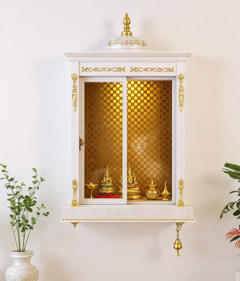 Jali-Screen Wall Pooja Unit — White Modern