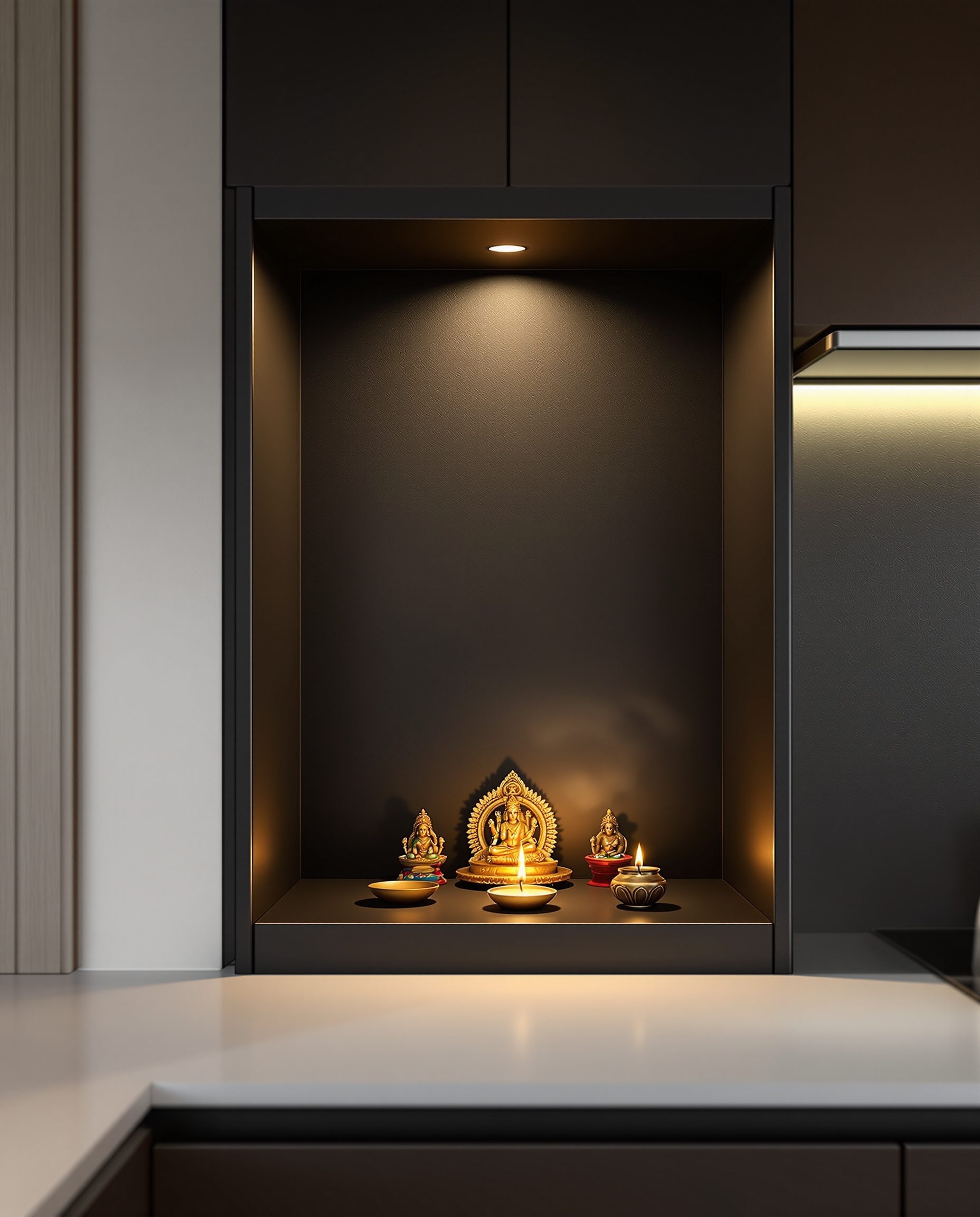 Kitchen Corner Recess Mandir — Charcoal Minimal