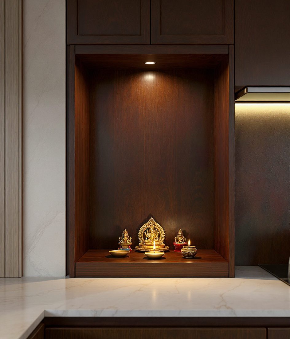 Kitchen Corner Recess Mandir — Walnut Classic