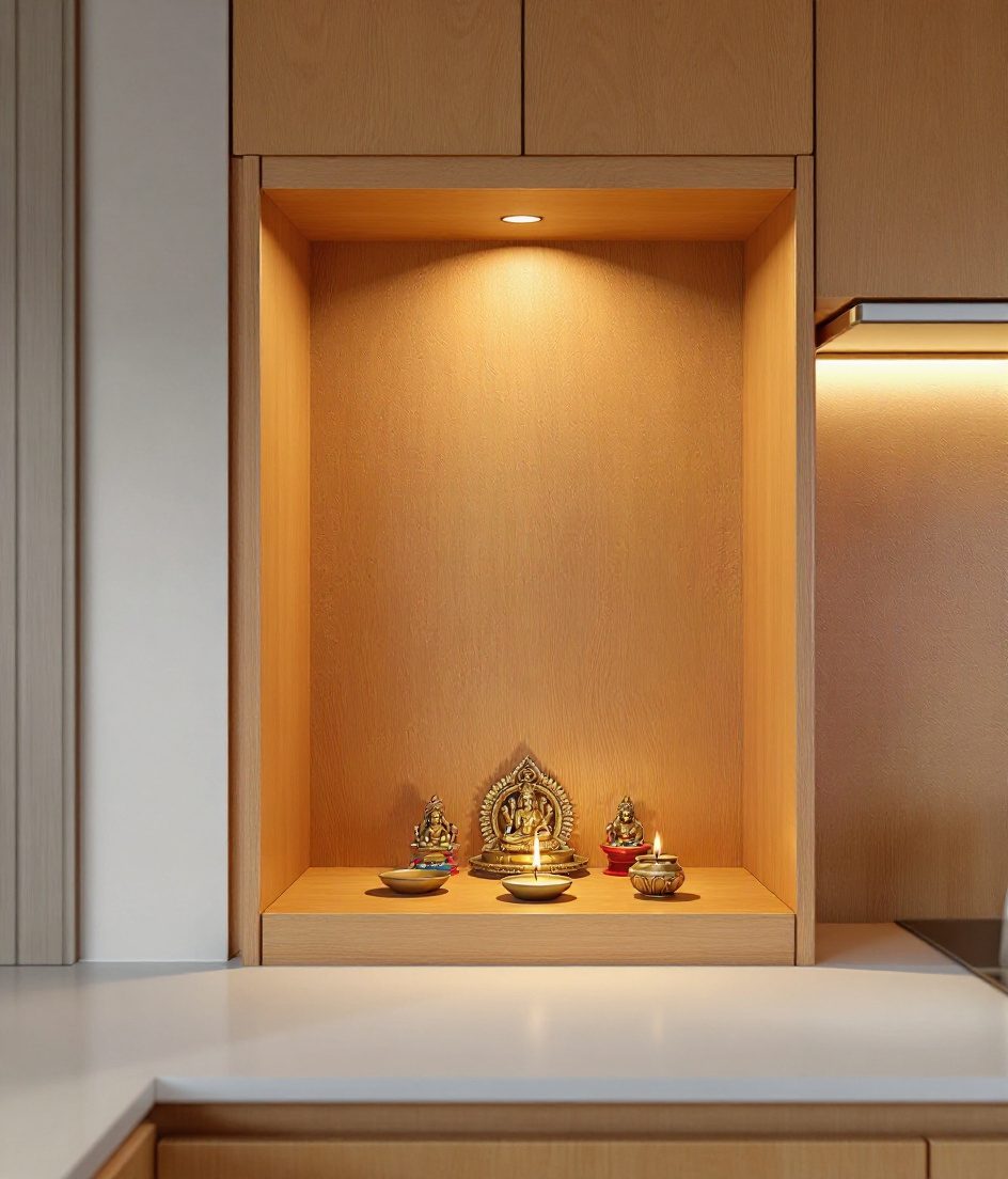 Kitchen Corner Recess Mandir — Warm Oak