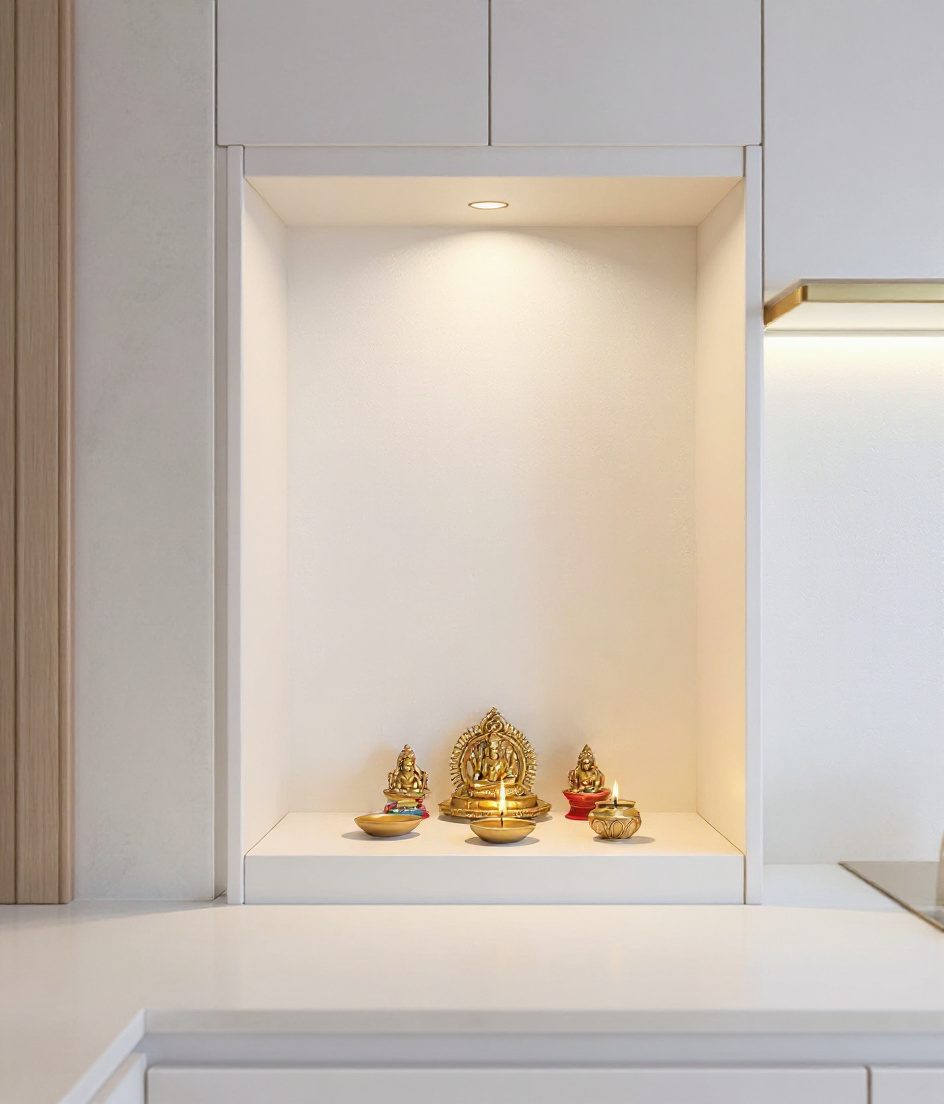 Kitchen Corner Recess Mandir — White Modern