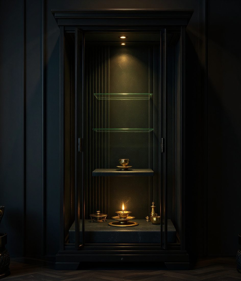 Luxury Glass Brass Shrine Cabinet — Charcoal Minimal