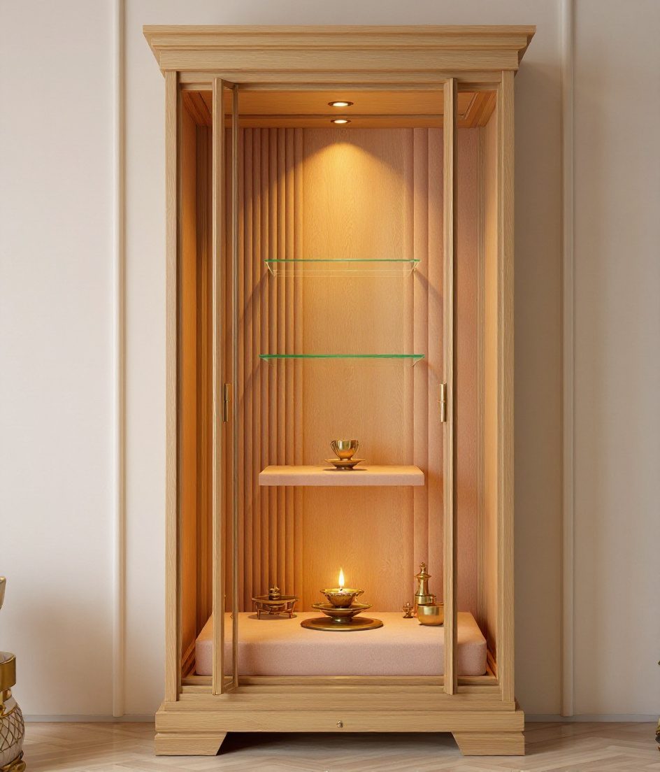Luxury Glass Brass Shrine Cabinet — Warm Oak