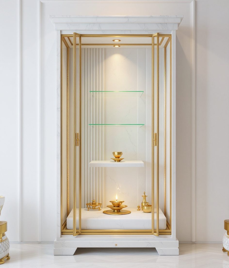 Luxury Glass Brass Shrine Cabinet — White Modern