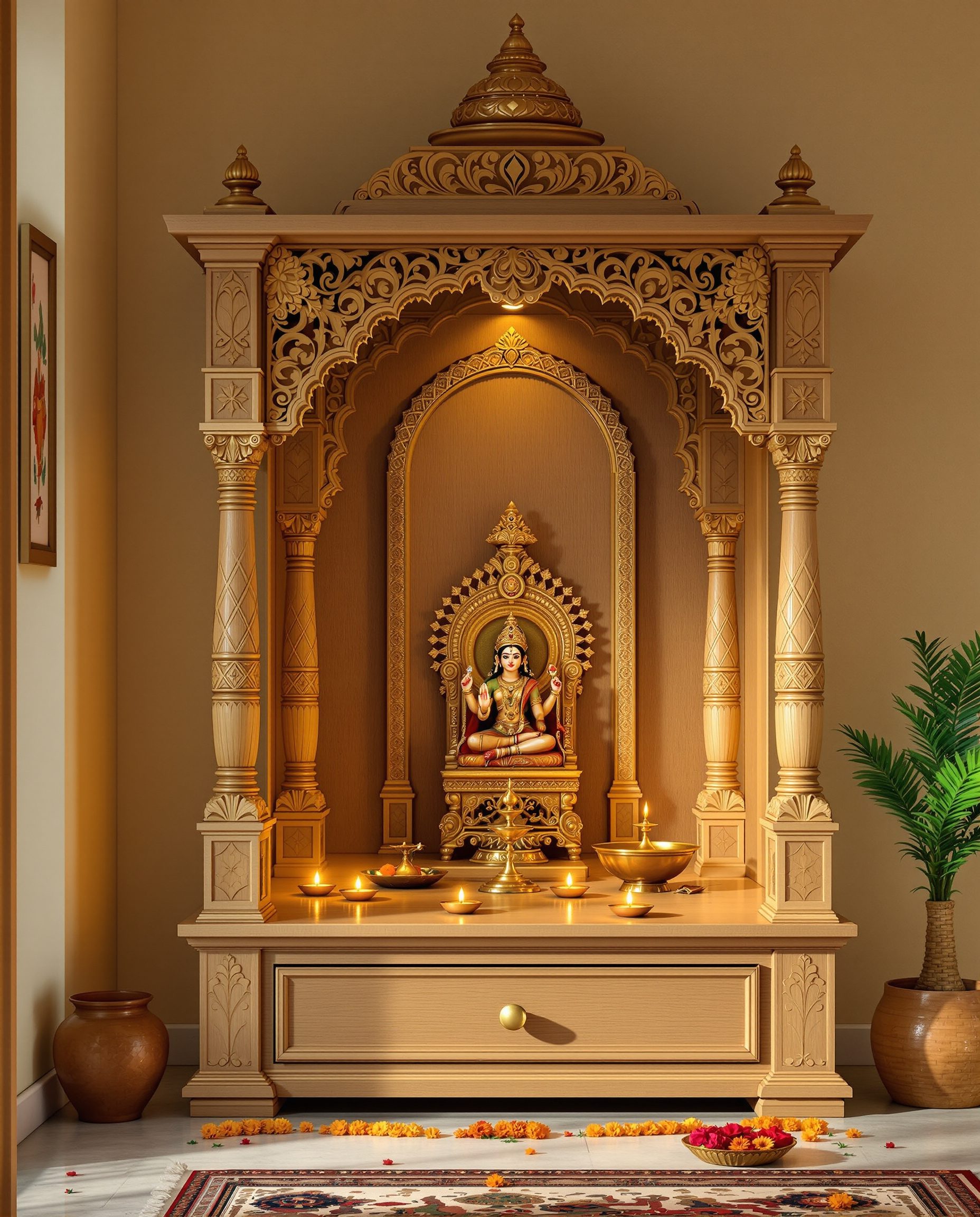 Maharashtrian Devghar Cabinet — Warm Oak