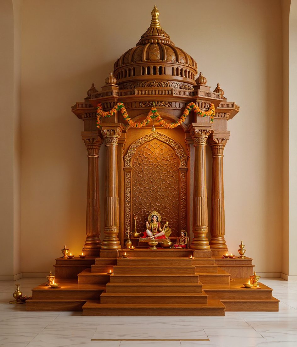 Marble Pillar Mandap Temple — Warm Oak