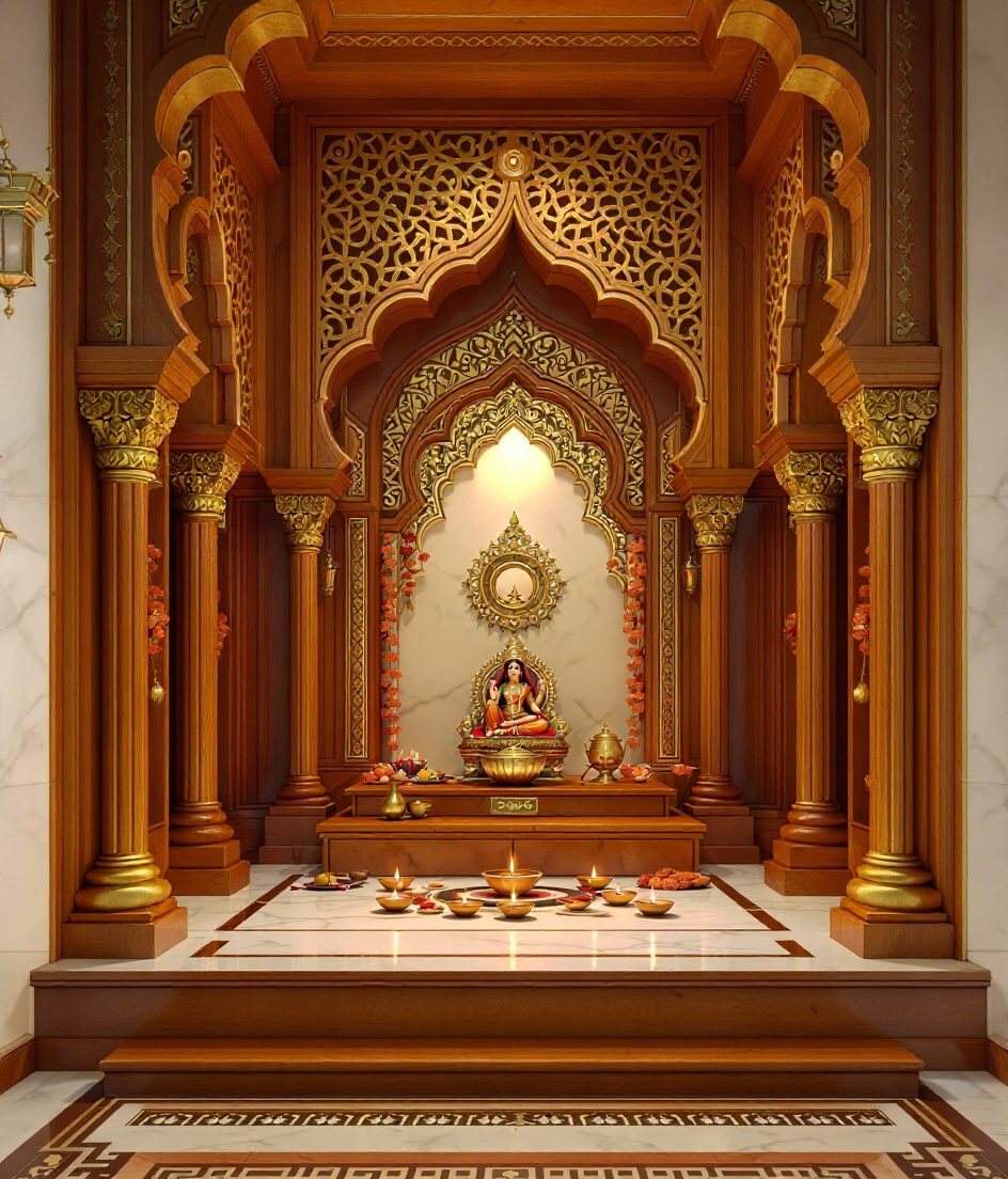 North Indian Marble Pooja Room — Warm Oak