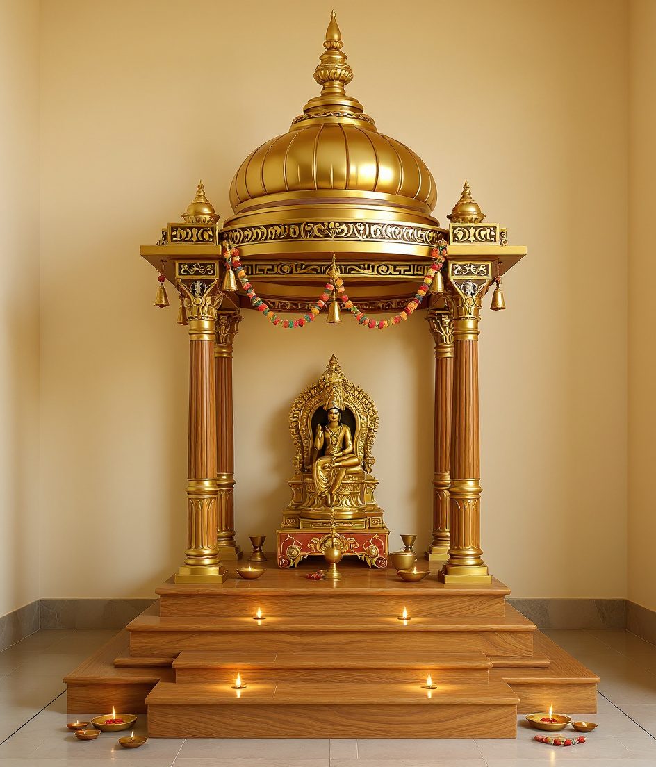 Open Pillar Mandap Shrine — Warm Oak