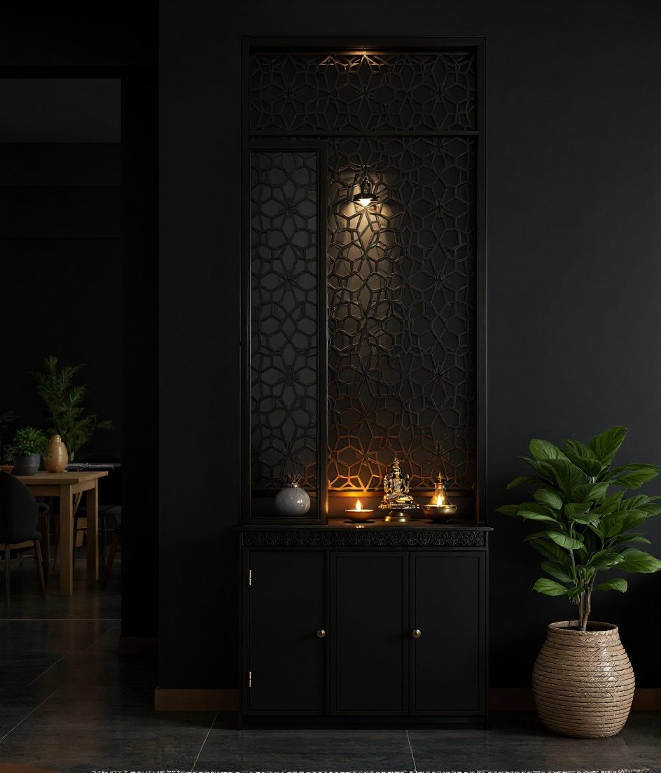 Partition-Integrated Pooja Unit — Charcoal Minimal