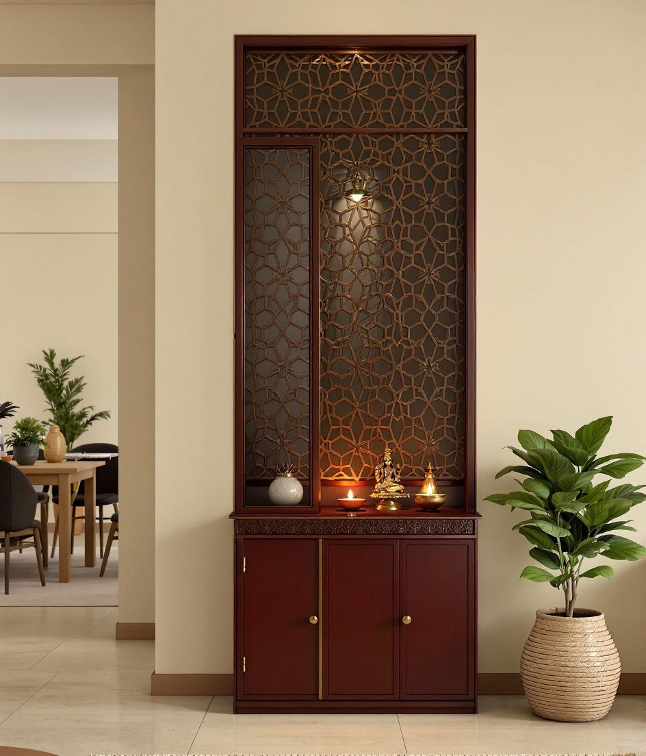 Partition-Integrated Pooja Unit — Walnut Classic