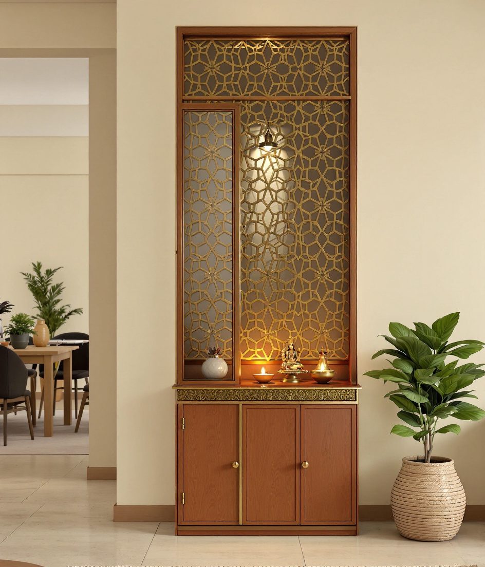 Partition-Integrated Pooja Unit — Warm Oak
