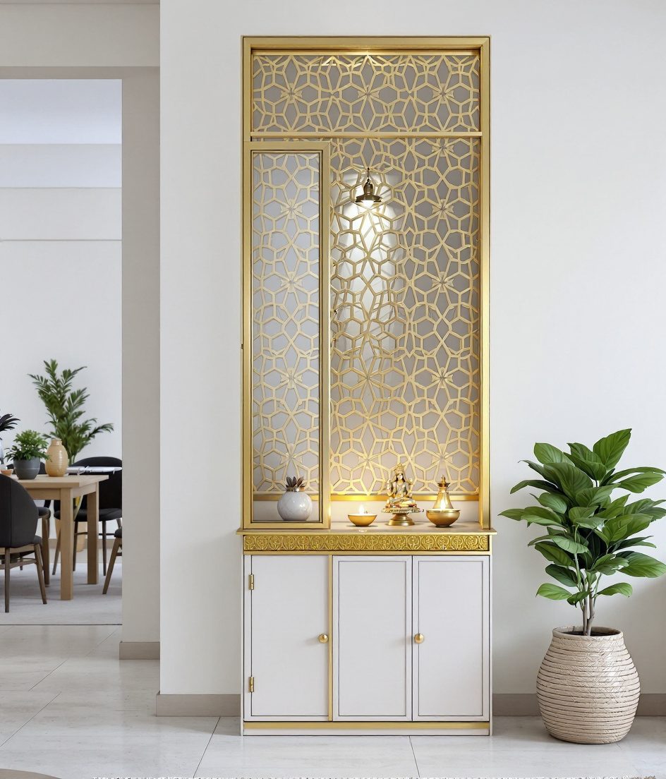 Partition-Integrated Pooja Unit — White Modern