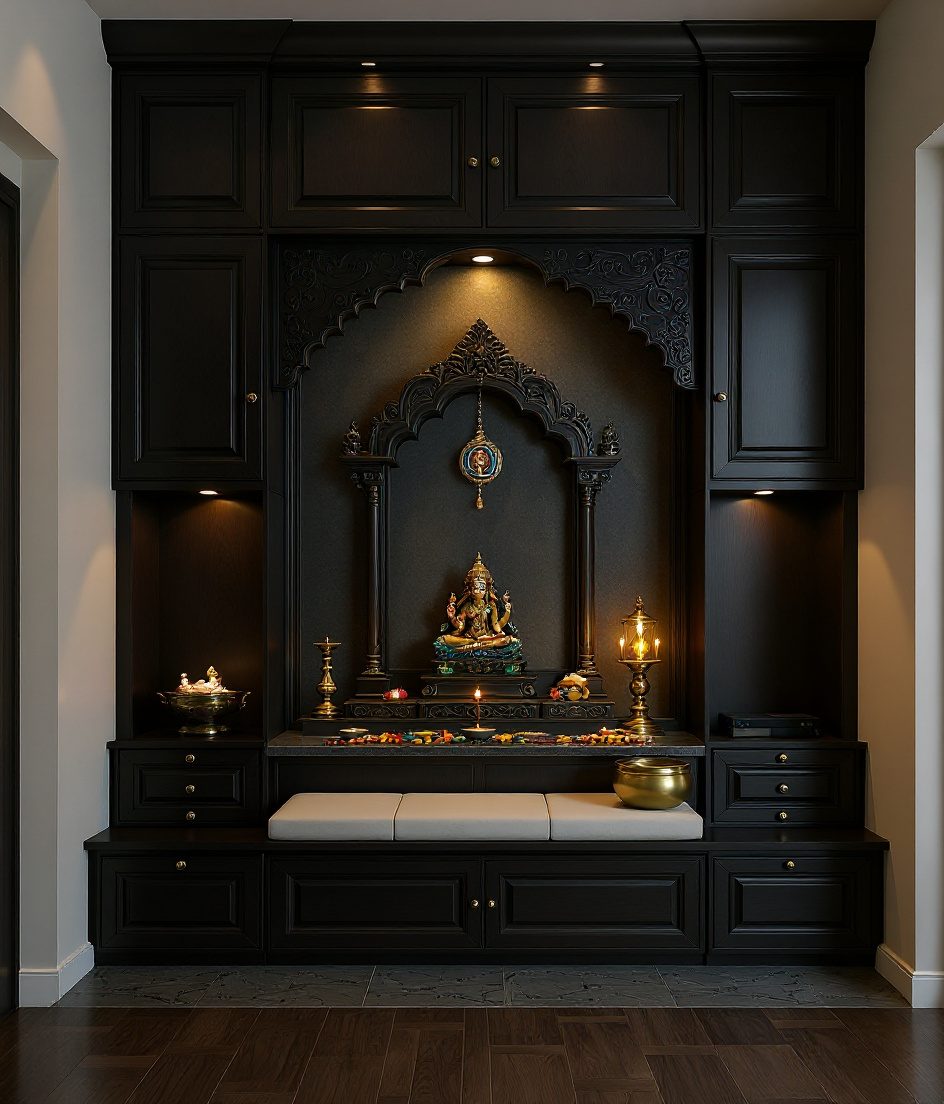 Pooja Room With Storage Loft — Charcoal Minimal