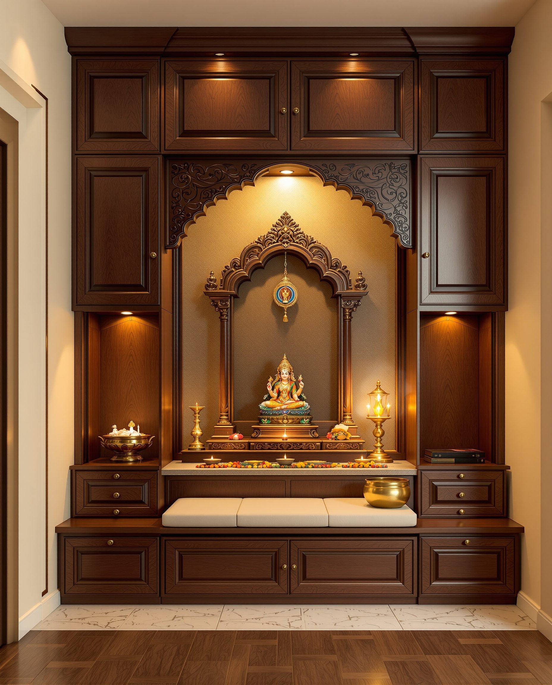 Pooja Room With Storage Loft — Walnut Classic
