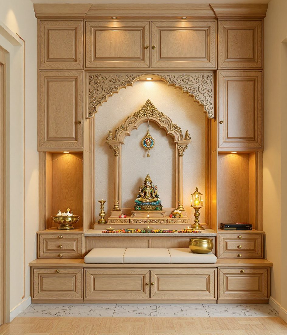 Pooja Room With Storage Loft — Warm Oak